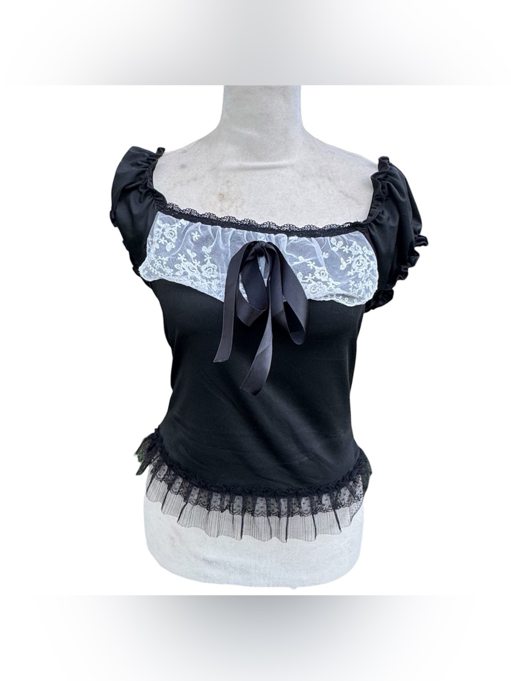 Romwe Feminine Cottage core Coquette Girly Frill Lace Bow Womens Blouse Top M